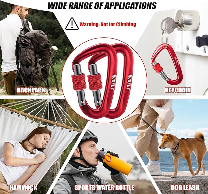 12kN Locking Carabiner Clips, Small Aluminium Carabiners Keychain, Heavy Duty Caribeaners for Camping, Hiking, Hammocks, Swings, Dog Leash, 2 Pcs