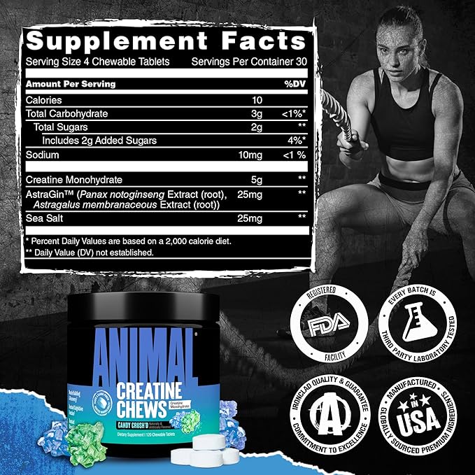 Animal Creatine Chews – Enhanced Creatine Monohydrate Chewable Tablets with AstraGin & Sea Salt, Max Absorption Pre Post-Workout, Lean Muscle Growth, Strength & Recovery, New Flavor Candy Crush’d