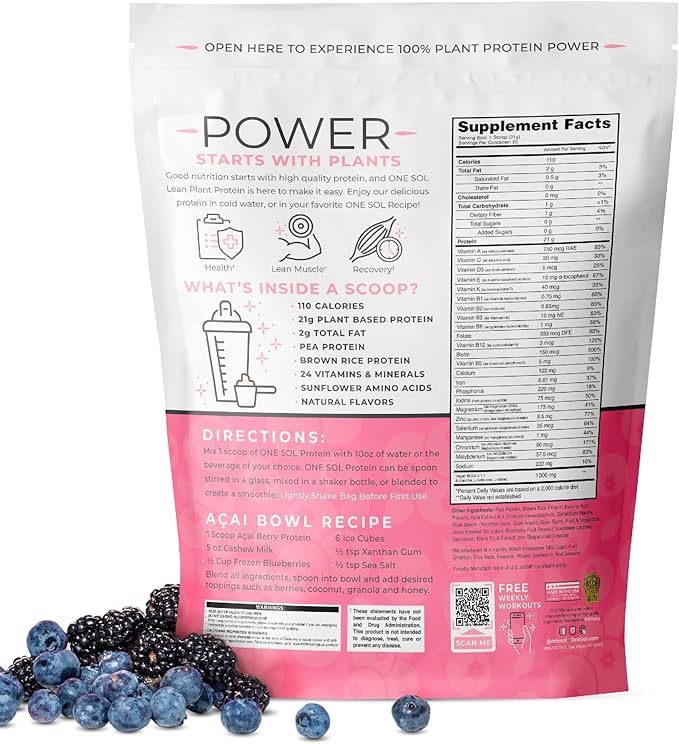 One Sol Lean Plant-Based Protein Powder, Pea & Brown Rice Protein, Low Carb, Vegan Friendly - Gluten, Lactose, & Soy Free - No Added Sugar, Non-GMO, Clean Nutrition, No Bloating (Acai Berry Blast)