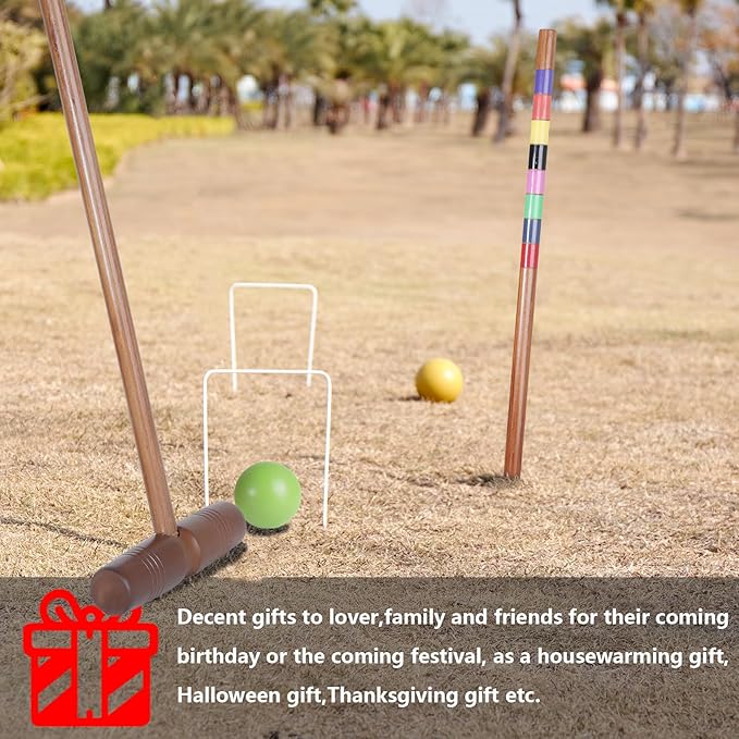 Brown Croquet Set for Adults - 8 Players Croquette Kit with 35In Deluxe, 32In Regulation Size Rubber Wood Mallets, Colored PE Ball, Wickets, End Stakes, Lawn Backyard Game for Families