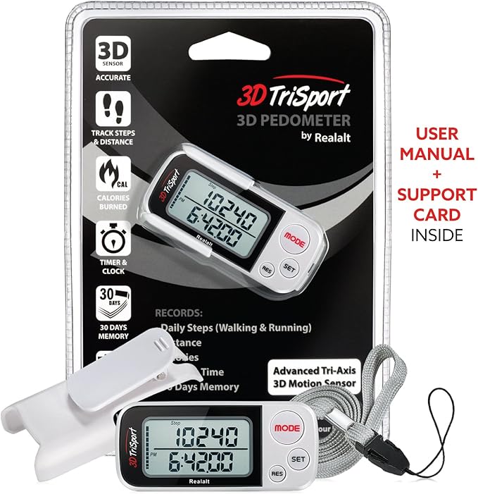 3DTriSport Walking 3D Pedometer with Clip & Strap, eBook Included | 30 Days Memory, Accurate Step Counter, Walking Distance Miles/Km, Calorie Counter, Daily Exercise Time Monitor