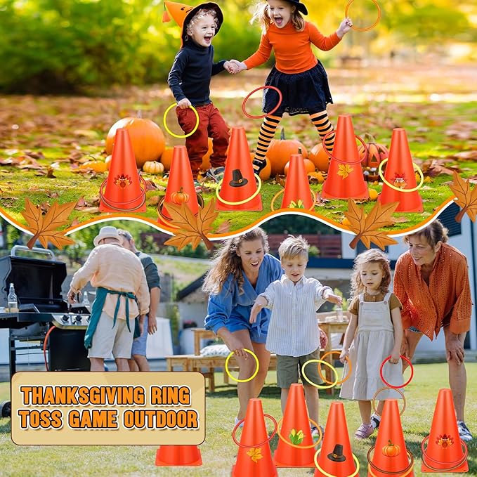 Jenaai 26 Pieces Fall Thanksgiving Ring Toss Game Outdoor Carnival Party Games Include 6 Pcs Fall Plastic Cones 20 Pcs Toss Rings for Thanksgiving Garden Throwing Toy Supply