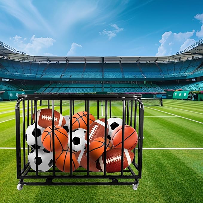Sports Equipment Organizer Foldable Mental Sports Ball Storage Cart with Lid and Wheels Rolling Ball Cart for Gym, School, Indoor and Outdoor