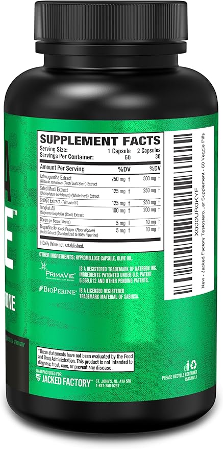 Jacked Factory Testosterone Booster for Men PRIMASURGE - w/Tongkat Ali, PrimaVie, Ashwagandha - Boost Vitality, Muscle Growth & Energy | Natural Test Booster Supplement - 60 Veggie Pills