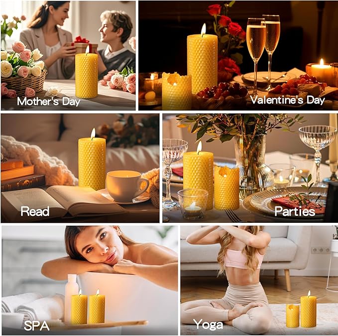 3 Pack Natural Beeswax Pillar Candles,Handmade Pure Beeswax Rolled Candle-60 Hours Long Burning,Honeycomb Bees Wax Candles for Home, Prayer,Dripless Smokeless Unscented Pillar Candle 2x4in