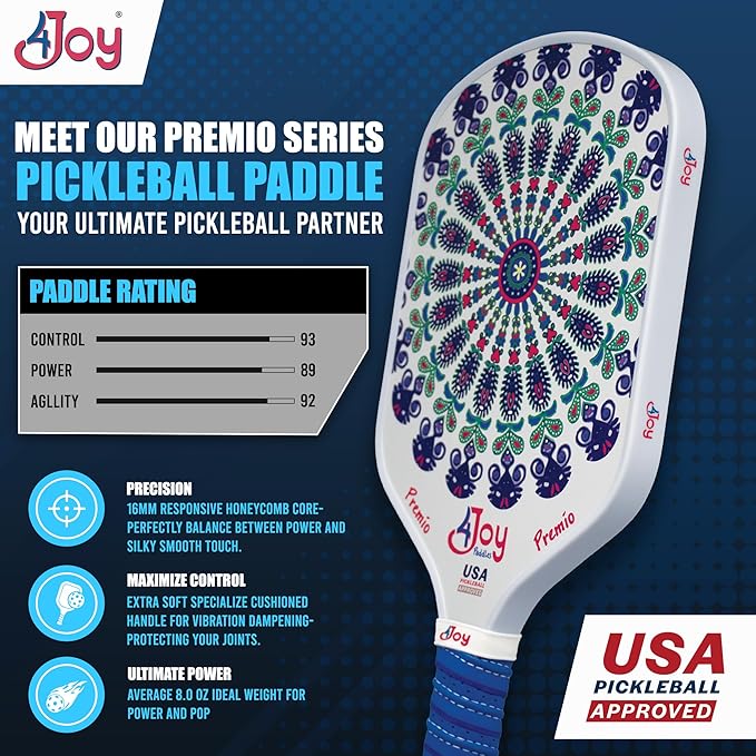 4Joy Pickleball Paddle Premio Series - Thermoformed Premium T700 Carbon Fiber Pickleball Paddless - Professional Pickleball Rackets for Women & Men - 16mm Honeycomb Core - USAP Approved