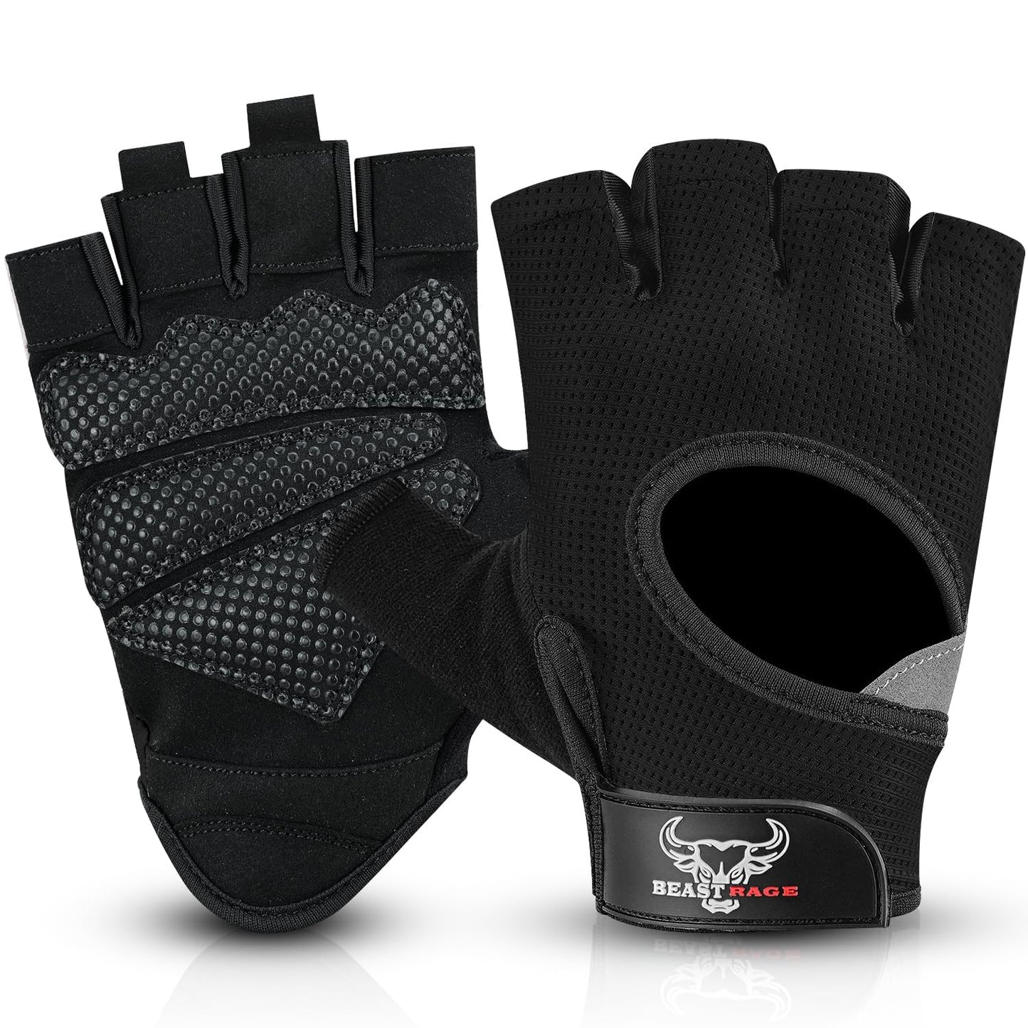 BEAST RAGE Workout Gloves for Men and Women, Fingerless Weight Lifting Gloves with Palm Protection