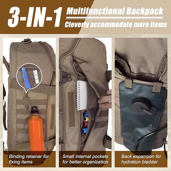 55L Large Travel Gym Duffle Bag Military Tactical Backpack, Army Pack 3 Day Bug Out Bag Rucksack for Outdoor Sport Hiking Camping with Molle System, Coyote