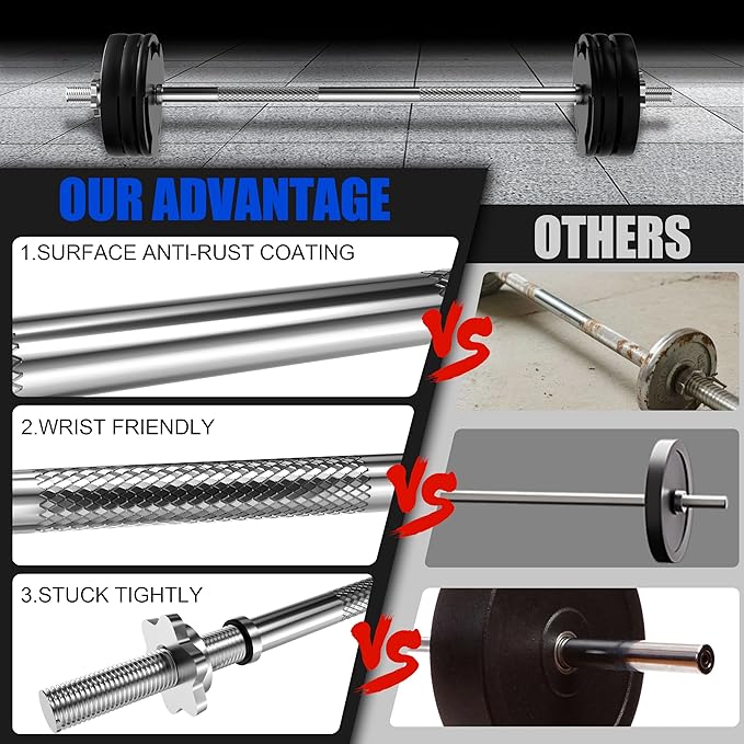 47 inch Olympic Barbell Bar - 1 inch Standard Weight Lifting Bar for Home Gym Strength Training - 480 LB Capacity for Bench Press, Squat, Deadlift, Hip Thrust, Lunge - Includes 2 Star Locknuts