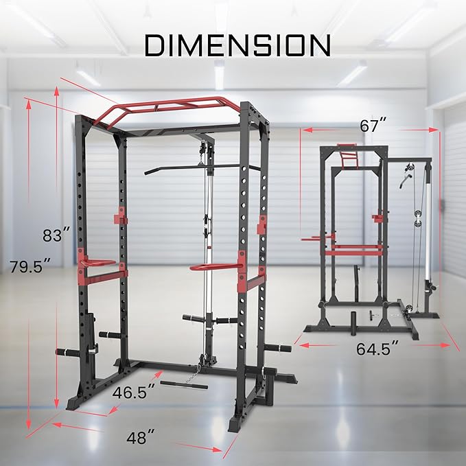 Fitness Reality Power Cage Squat Rack with Optional LAT Pulldown, Cable Crossover, 800 lb Capacity, Multi-Grip Pull-Up Bar, Adjustable Safety Bars, Strength Training for Home Gym