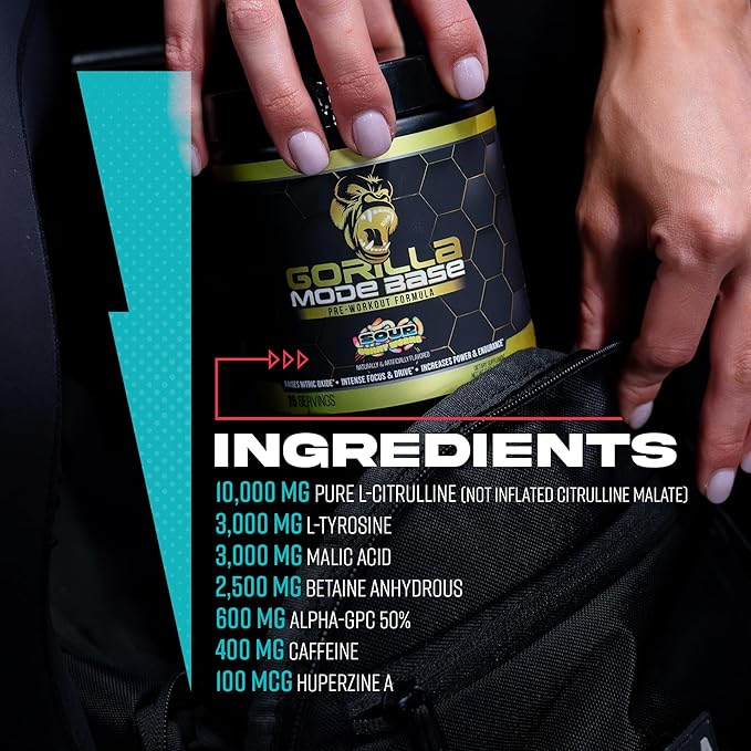 Gorilla Mind Base Pre Workout - Raises Nitric Oxide Intense Focus & Drive Endurance Power - L-Citrulline, L-Tyrosine, Betaine, Alpha-GPC, Caffeine, Huperzine A - 360 Grams (Cherry Blackout)