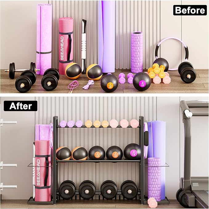 3-Tier Adjustable Dumbbell Rack Heavy Duty Metal Storage Rack, Dumbbell Weight Rack and Kettlebells Rack, Yoga Mat Organizer, Multi-Purpose Gym Equipment Storage Stand for Home Gym Accessories