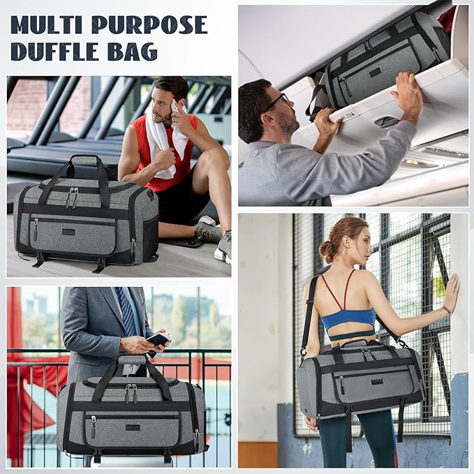 IGOLUMON Gym Bag for Men 55L Sports Duffel Bags Gym Duffle Bag Women with Shoe Compartment & Wet Pocket Water Resistant Travel Duffel Bag Lightweight Weekender Overnight Bag Gray