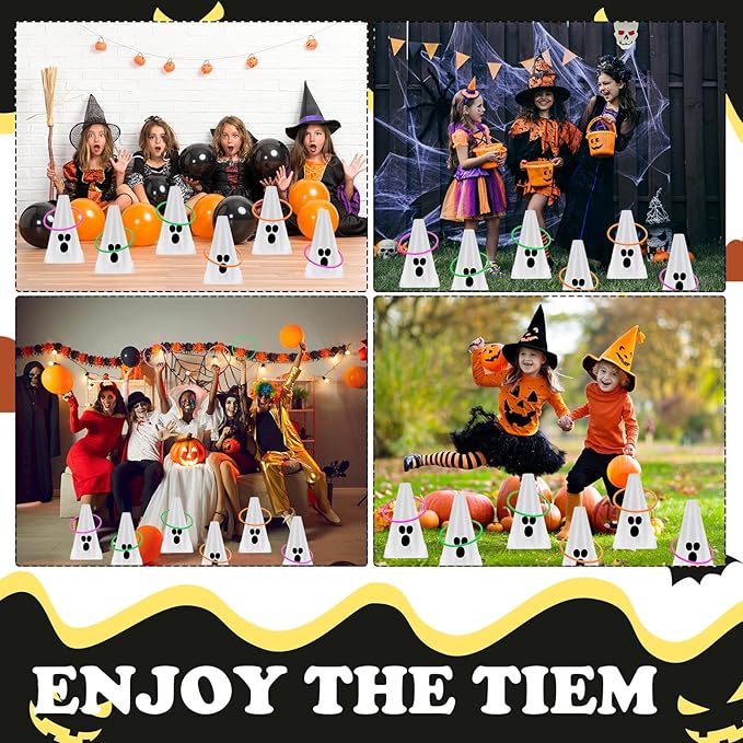 24 PcsHalloween Ring Toss Game Outdoor Carnival Party Games Include 6 Plastic Cones 18 Toss Rings for Halloween Party Games Indoor Outdoor Yard Activities