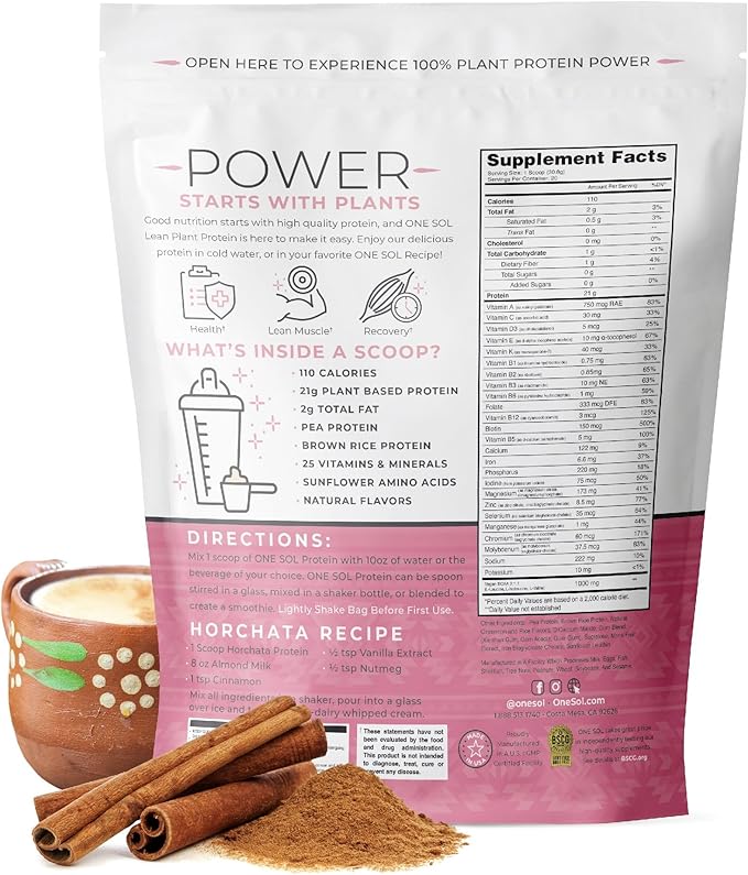 One Sol Lean Plant-Based Protein Powder, Pea & Brown Rice Protein, Low Carb, Vegan Friendly - Gluten, Lactose, & Soy Free - No Added Sugar, Non-GMO, Clean Nutrition, No Bloating (Horchata)