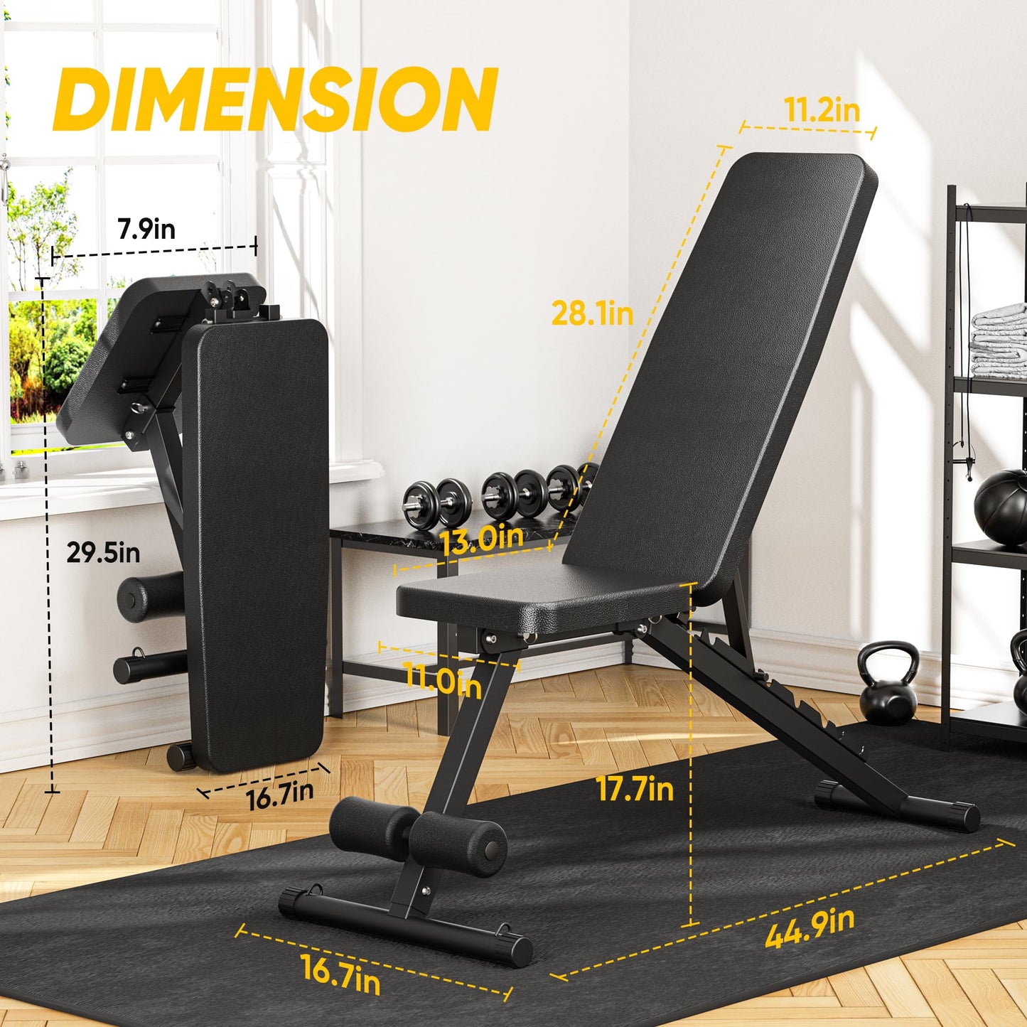 Adjustable Weight Bench for Home Gym, 600LBS Capacity Foldable Workout Bench with 7 Backrest