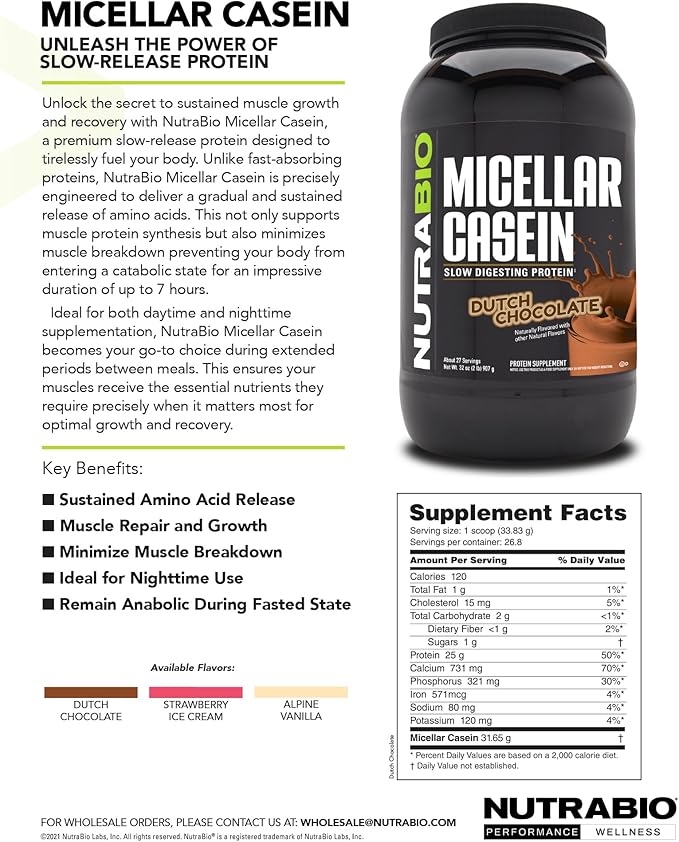NutraBio Casein Protein Powder, Micellar Casien Powder, 25g Slow Digesting Protein, Helps Keep You Full, Overnight Muscle Recovery & Growth, BCAA & EAA, Gluten Free, Soy Free, 2lb Strawberry Ice Cream