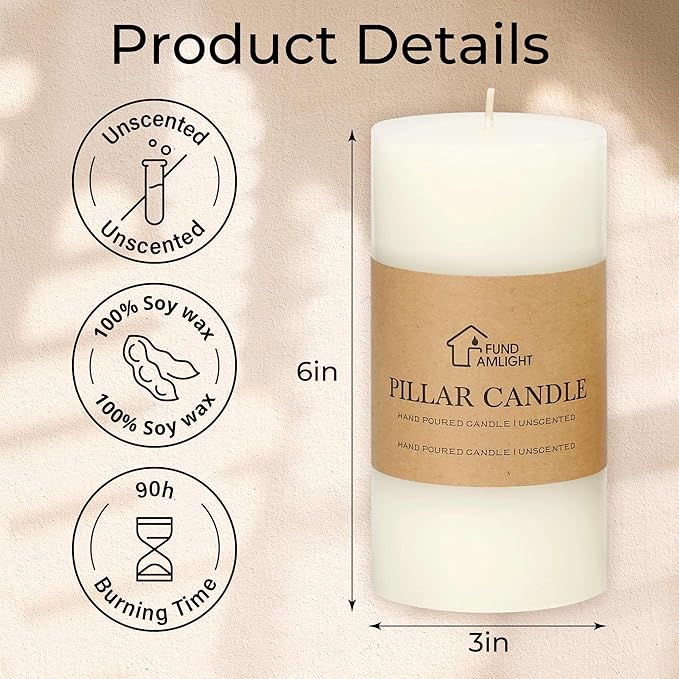 3x6 Inch White Pillar Candles Set of 3 - Decorative Unscented Pillar Candle, Long Burning Dripless Candle for Table Decor, Smokeless Large Pillar Candles for Wedding Table Decor