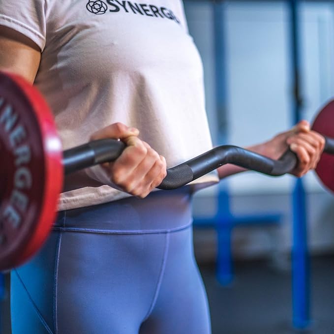 Synergee Commercial EZ Curl Olympic Bar Chrome & Black Phosphate with Powder Coated Brass Bushings Excellent for Bicep Curls and Triceps Extensions