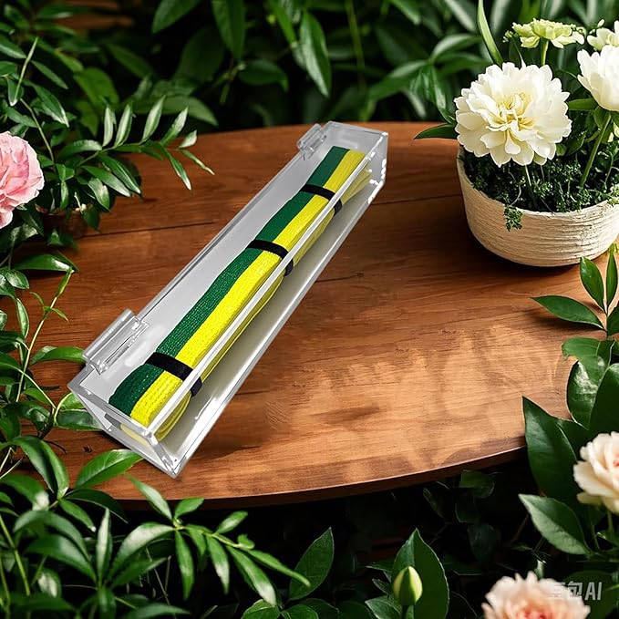 Acrylic Flip-Top Martial Arts Belt Display Case – Clear Plastic Cover with Wood Base for Karate, Taekwondo, Judo, Jiu Jitsu Belts – Tabletop Dojo Showcase & Home Decor Organizer