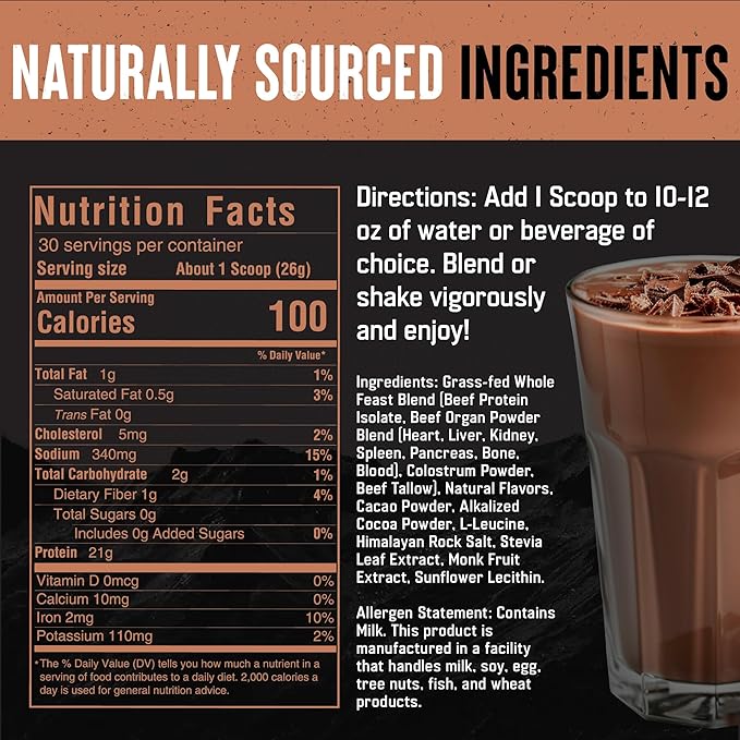 The Fittest Whole Feast Beef Protein Powder - Milk Chocolate - Grass Fed Nose to Tail Carnivore Blend Including Liver, Colostrum and Whole Bone - BCAAs - 14g Collagen, 21g Total Protein