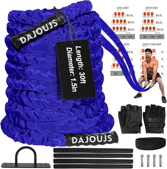 Battle Ropes for Home Gym 1.5Inch Diameter 30FT Lengths Workout Heavy Battle Ropes for Exercise Training Weighted Rope, Working Out Exercise Equipment with Protective Cove - Blue