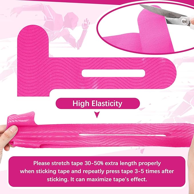 50 Pcs Precut Kinesiology Tape for Knees Pain Relief Elastic Waterproof Athletic Knee Tape for Support Stability Sports(Rose Red)
