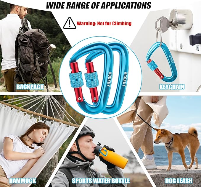 12kN Locking Carabiner Clips, Small Aluminium Carabiners Keychain, Heavy Duty Caribeaners for Camping, Hiking, Hammocks, Swings, Dog Leash, 2 Pcs