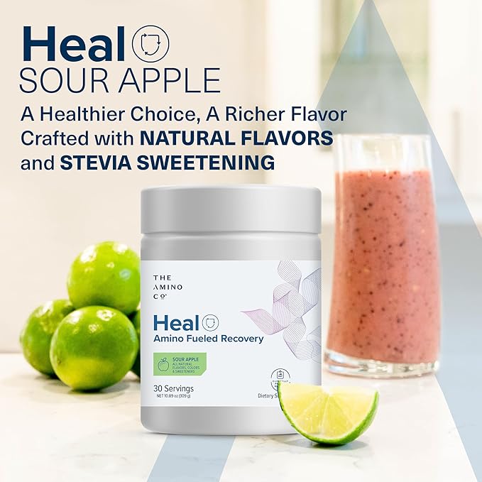 The Amino Co. - Heal - Post Workout Recovery Drink with Pure Eaa Amino Acid Formula -Creatine Monohydrate Powder for Efficient Muscle Repair, Vegan, and Keto-Friendly with Sour Apple Flavor - 10.89oz.