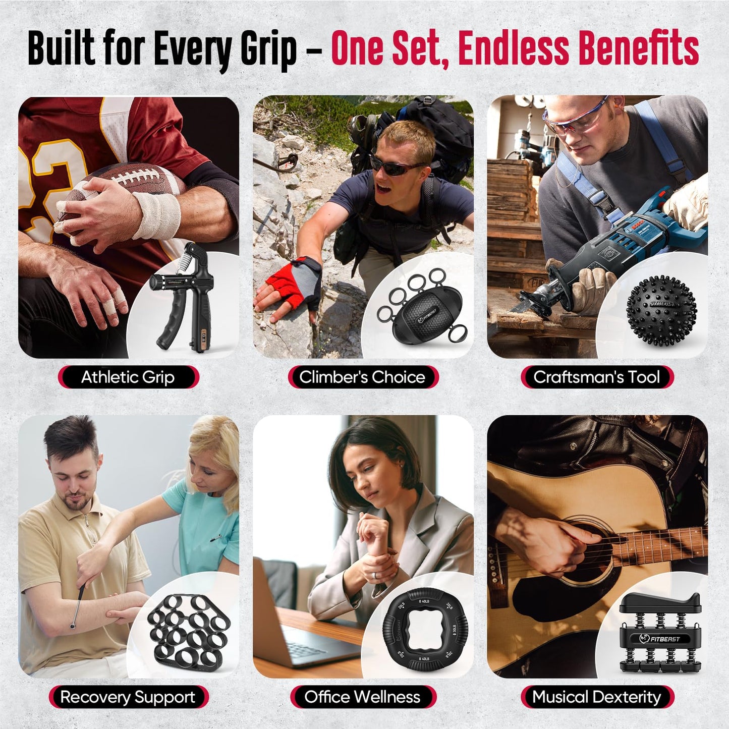 FitBeast Grip Strength Trainer, Hand Gripper Strengthener Kit - 6 Pack with Adjustable Resistance