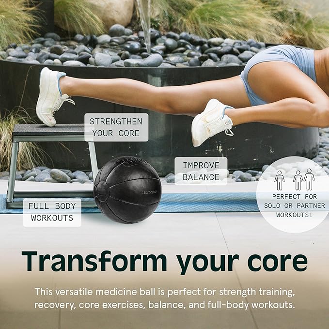 Core Weighted Medicine Ball 4, 6, 8, 10, 12, 14, 16, 20, 25, 30 lbs, Soft Touch Vegan Leather with Sturdy Grip for Strength Training, Recovery, Balance Exercises and Other Full-Body Workouts