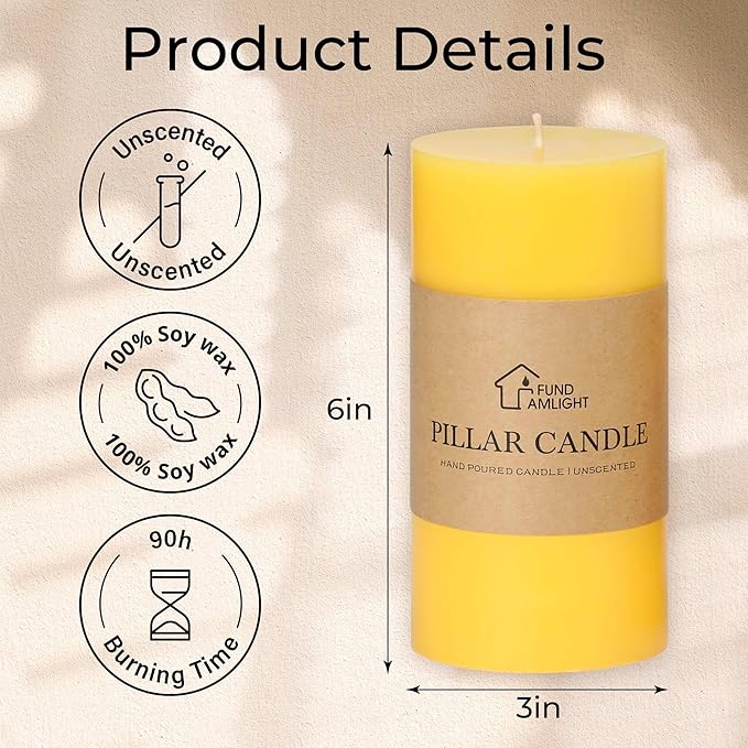 3x6 Inch Yellow Pillar Candles Set of 3 - Decorative Unscented Pillar Candles, Long Burning Dripless Candles for Table Decor, Smokeless Large Pillar Candles for Wedding, Dinner, Rustic Home Decor