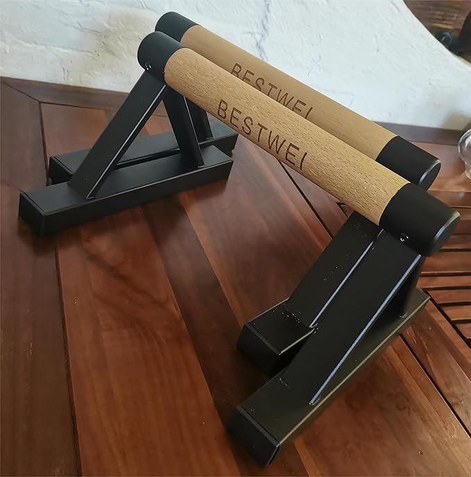 1 Pair Wooden Parallettes Push Up Bars for Men, Strength Training Pushup Stands Handles for Home Calisthenics, Fitness, Floor Workouts Solid Wood with White Metal Bracket - Support 500 lbs