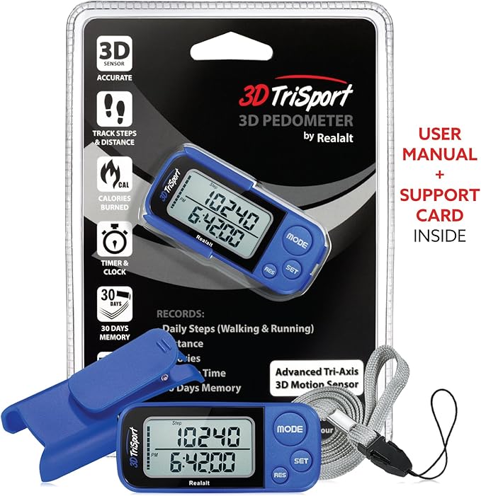 3DTriSport Walking 3D Pedometer with Clip & Strap, eBook Included | 30 Days Memory, Accurate Step Counter, Walking Distance Miles/Km, Calorie Counter, Daily Exercise Time Monitor