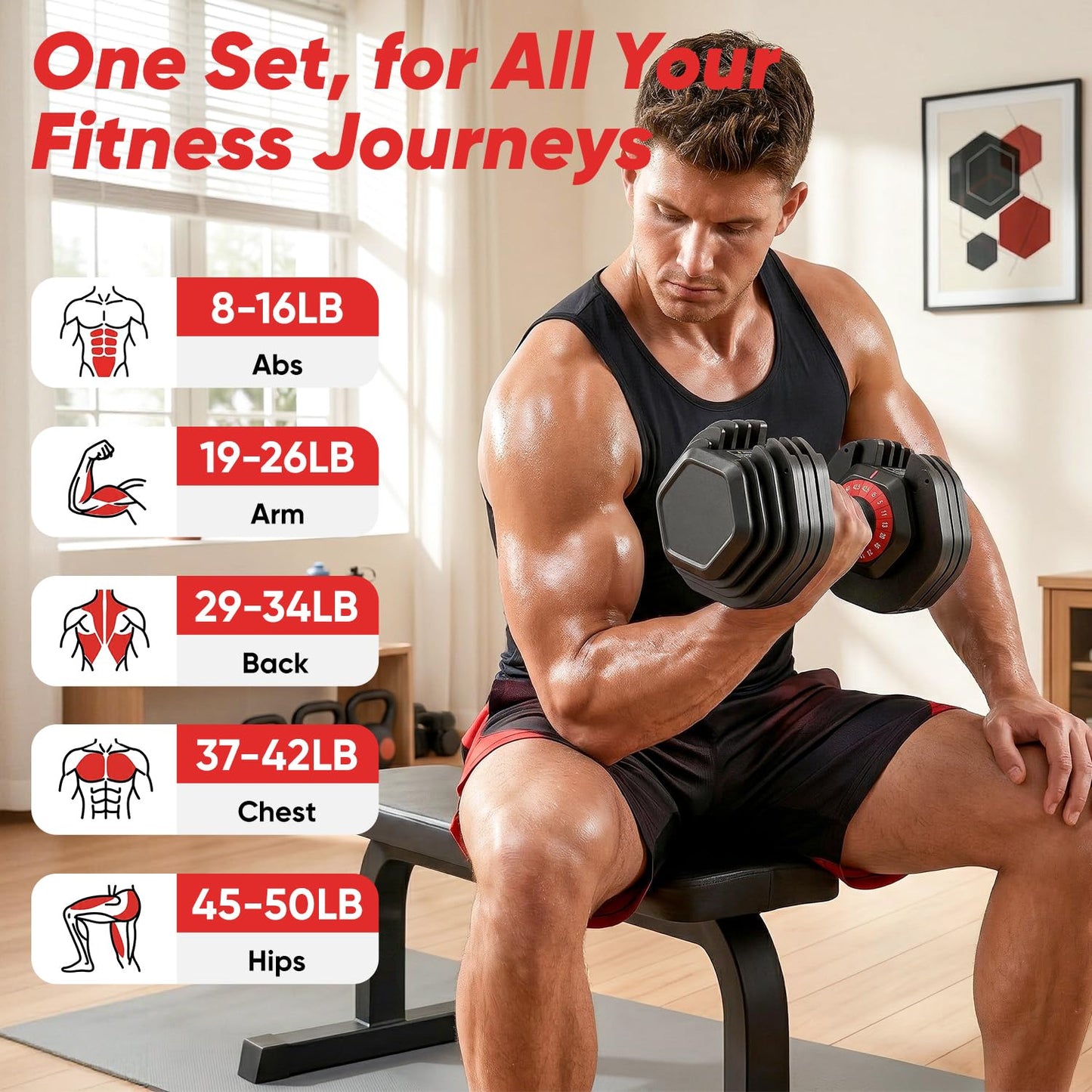 PIRIER Adjustable Dumbbell Set 50LB, 18-in-1 Free Weight Adjustable Dumbbells, One-Hand Twist