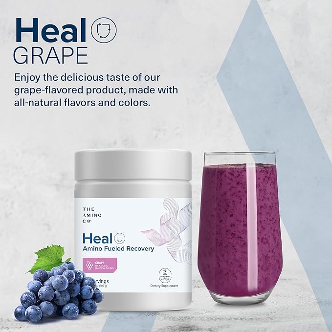 The Amino CO. - Heal - Post Workout Recovery Drink with Pure Eaa Amino Acid Formula - Creatine Monohydrate Powder for Efficient Muscle Repair, Vegan, and Keto-Friendly with Grape Flavor - 10.89oz.