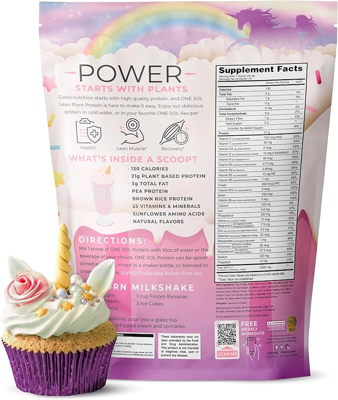 One Sol Lean Plant-Based Protein Powder, Pea & Brown Rice Protein, Low Carb, Vegan Friendly - Gluten, Lactose, & Soy Free - No Added Sugar, Non-GMO, Clean Nutrition, No Bloating (Unicorn Milkshake)