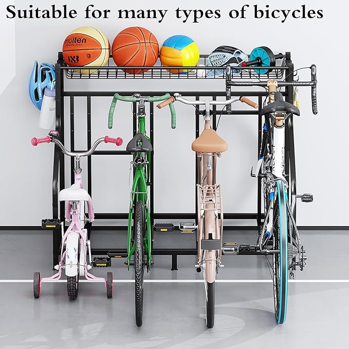 Bike Rack Storage Stand Organizer Floor Holds 4 Bicycle Parking Freestanding Adjustable Garage Indoor Outdoor Bike and Sports Storage Station, Black (4 Bike Stand)