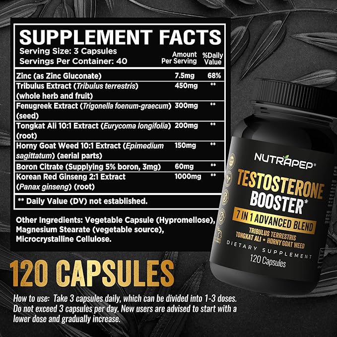 Testosterone Booster Supplement for Men - Natural Energy Enhancement Growth Builder Performance Enhancer - Muscle Building Gym Workout Sports Nutrition & Libido Enhancing Fast Acting Pills for Male