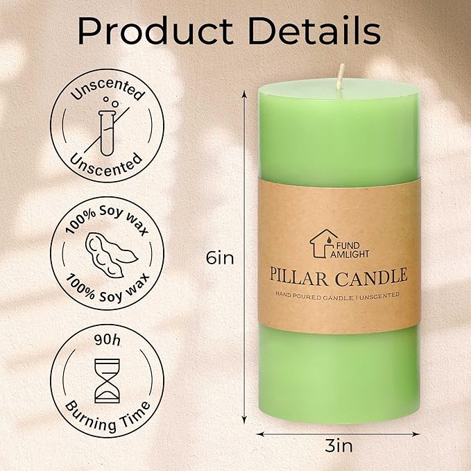 3x6 Inch Green Pillar Candles Set of 3 - Decorative Unscented Pillar Candle, Long Burning Dripless Candle for Table Decor, Smokeless Large Pillar Candles for Wedding Table Decor