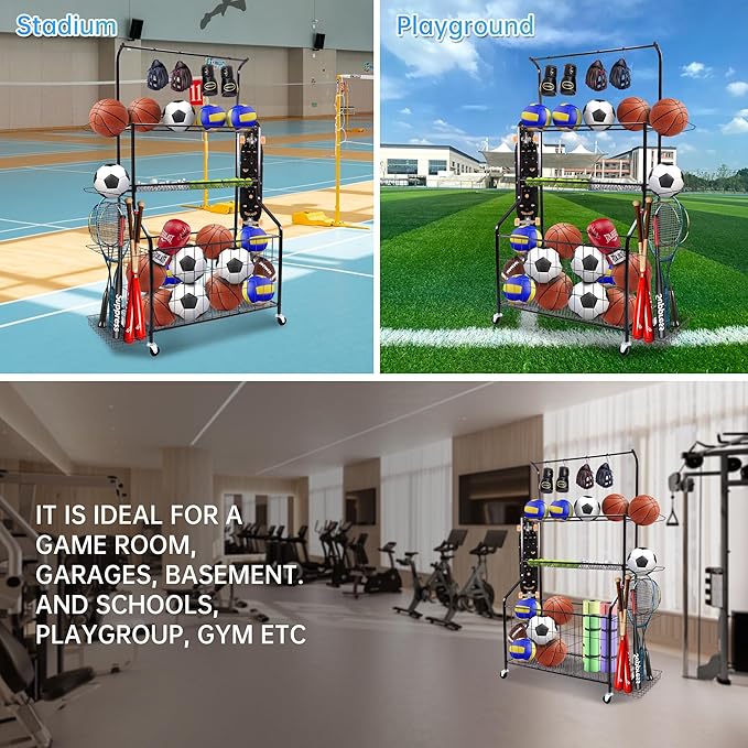 Sport euipment Storage, Garage Sports Equipment Organizer, Ball Storage Rack for Sport Gear, Rolling Sports Ball Storage Cart with Wheels, Indoor/Outdoor
