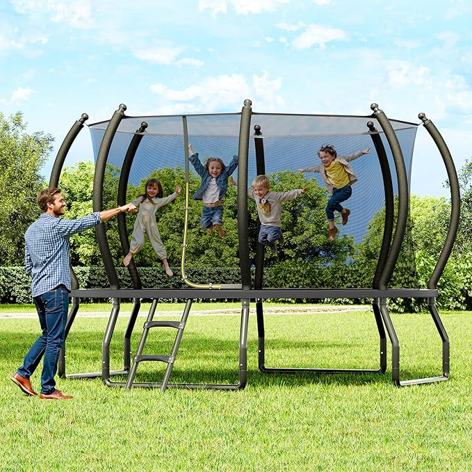 8FT 10FT 12FT 14FT 16FT Trampoline with Pop-up Quick Connector and Basketball Hoop, Trampoline Outdoor with Enclosure, Ladder, ASTM Approval for Kids and Adults