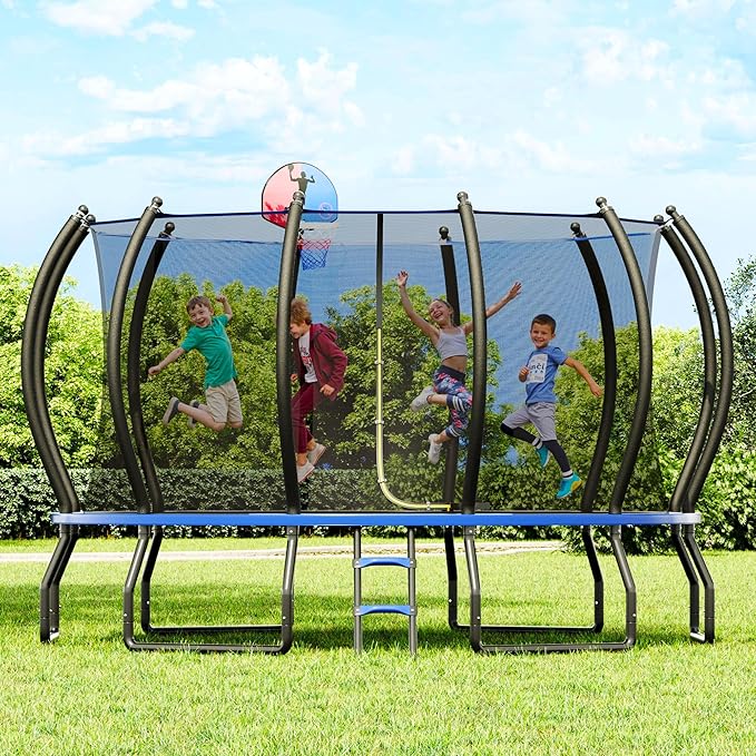 8FT 10FT 12FT 14FT 16FT Trampoline with Pop-up Quick Connector and Basketball Hoop, Trampoline Outdoor with Enclosure, Ladder, ASTM Approval for Kids and Adults