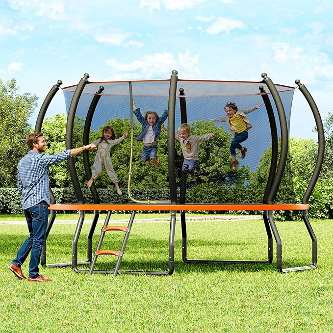 8FT 10FT 12FT 14FT 16FT Trampoline with Pop-up Quick Connector and Basketball Hoop, Trampoline Outdoor with Enclosure, Ladder, ASTM Approval for Kids and Adults