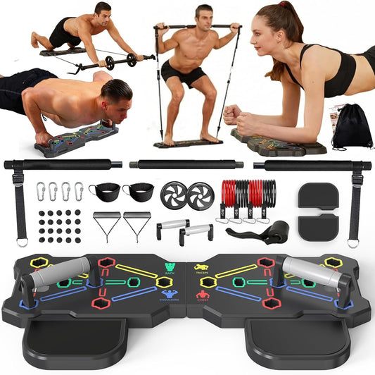 Portable Home Gym Workout System with Push-Up Board, Plank Trainer, Resistance Bands, Ab Roller & 20 Accessories – Full Body Fitness Equipment for Men & Women