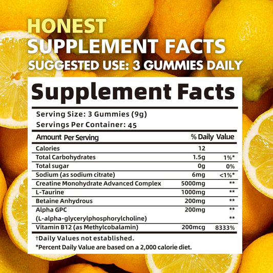 Creatine Monohydrate Gummies 5000mg (135 Count)-Lemon Flavor.