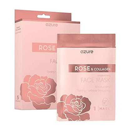 AZURE Rose & Collagen Hydrating Facial Sheet Mask - Toning, Lifting & Deeply Moisturizing - Reduces Fine Lines & Wrinkles, Reduces Signs of Aging & Dry Patches - Skin Care Made in Korea - 10 Pack