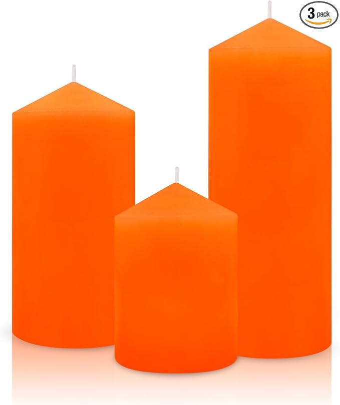 3 Set Different Sizes Orange Colored Pillar Candles, Dripless Unscented 3x4 3x6 3x8 Inch Fall Cylinder Column Wax Candles for Thanksgiving Day Autumn Harvest Home Table Decor Power Outage Emergency