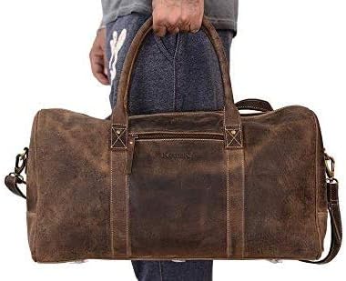 KomalC 24 Inch Leather Duffel Bags for Men and Women Travel Overnight Weekend Leather Bags Sports Gym Duffle for Men (Brown Distressed Tan)