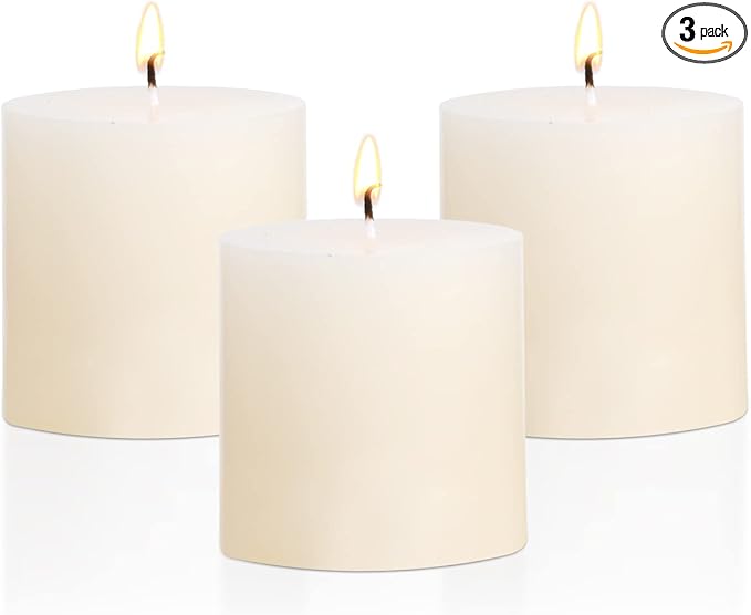 3×3 Ivory Pillar Candles Set of 3 Unscented Handpoured Weddings, Home Decoration, Restaurants, Spa, Church Smokeless Cotton Wick - Ivory 90 Hour